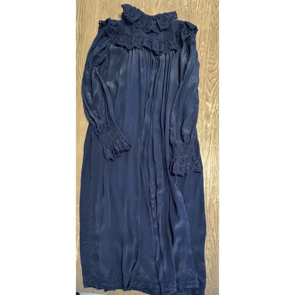 Nikki Chasin Small Sonnet Dress Ruffle Collar Cuff Eyelet Button Maxi Silky Navy - Picture 4 of 15